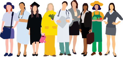 ilustración con diferentes profesiones, medico, agricultor, abogado, etc.