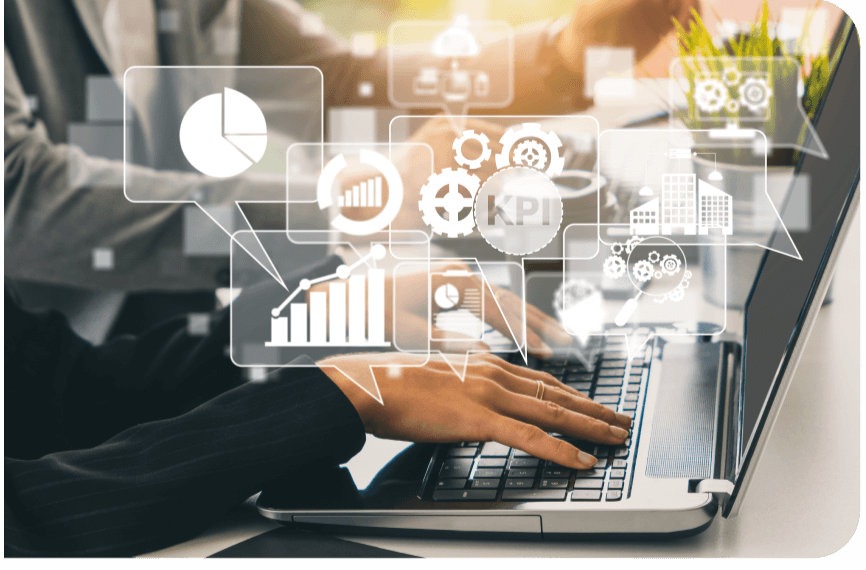 Computador con graficos de KPI e informes